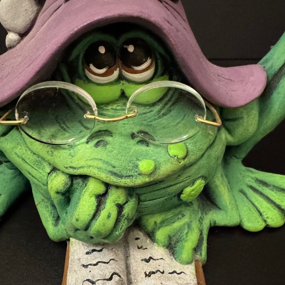 Whimsical Green Oops Witch Frog Figurine Glasses Purple Hat & Book Halloween - Picture 4 of 12